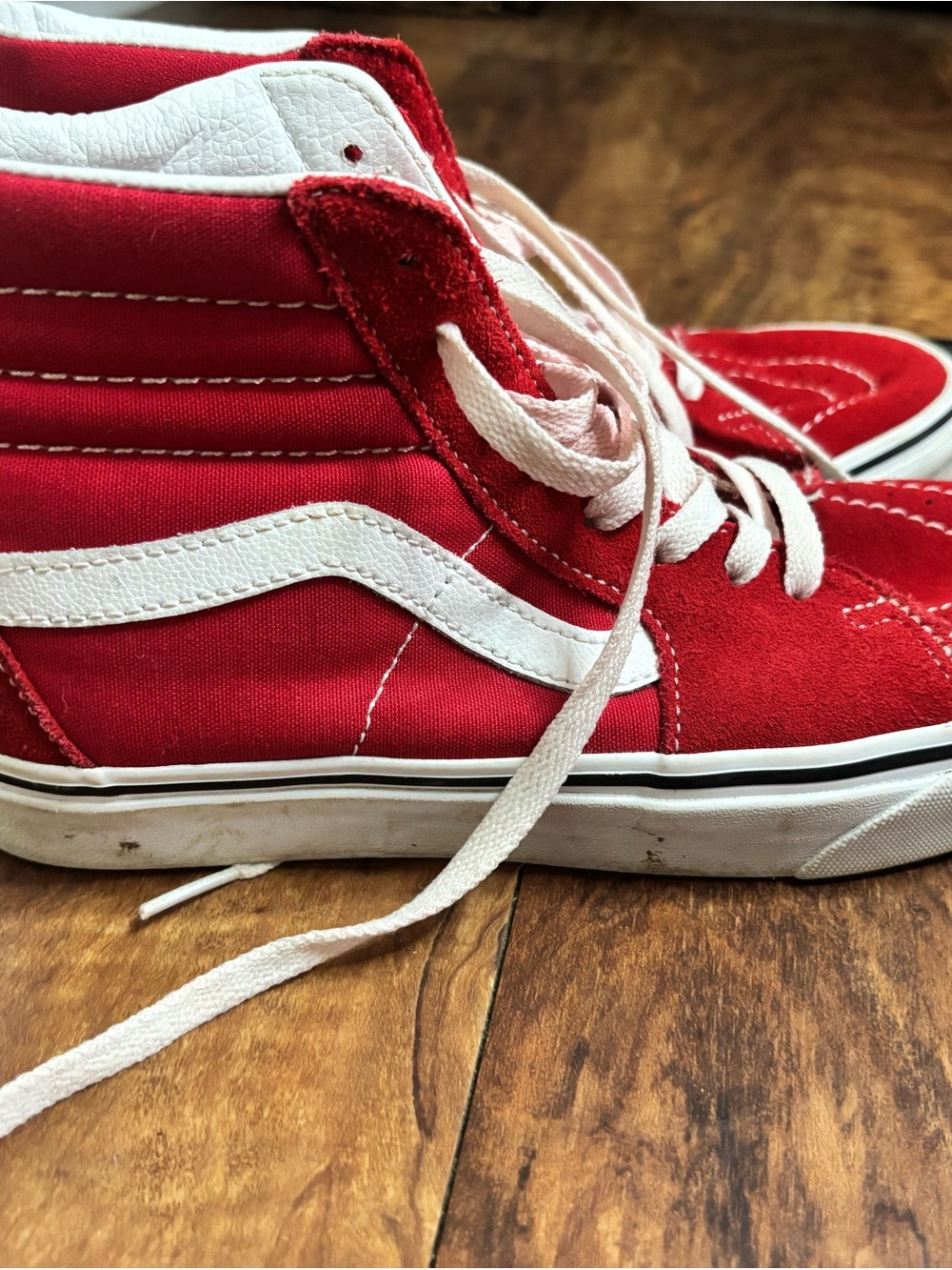 Vans Red and White Sk8-Hi High-Top Skate Sneakers